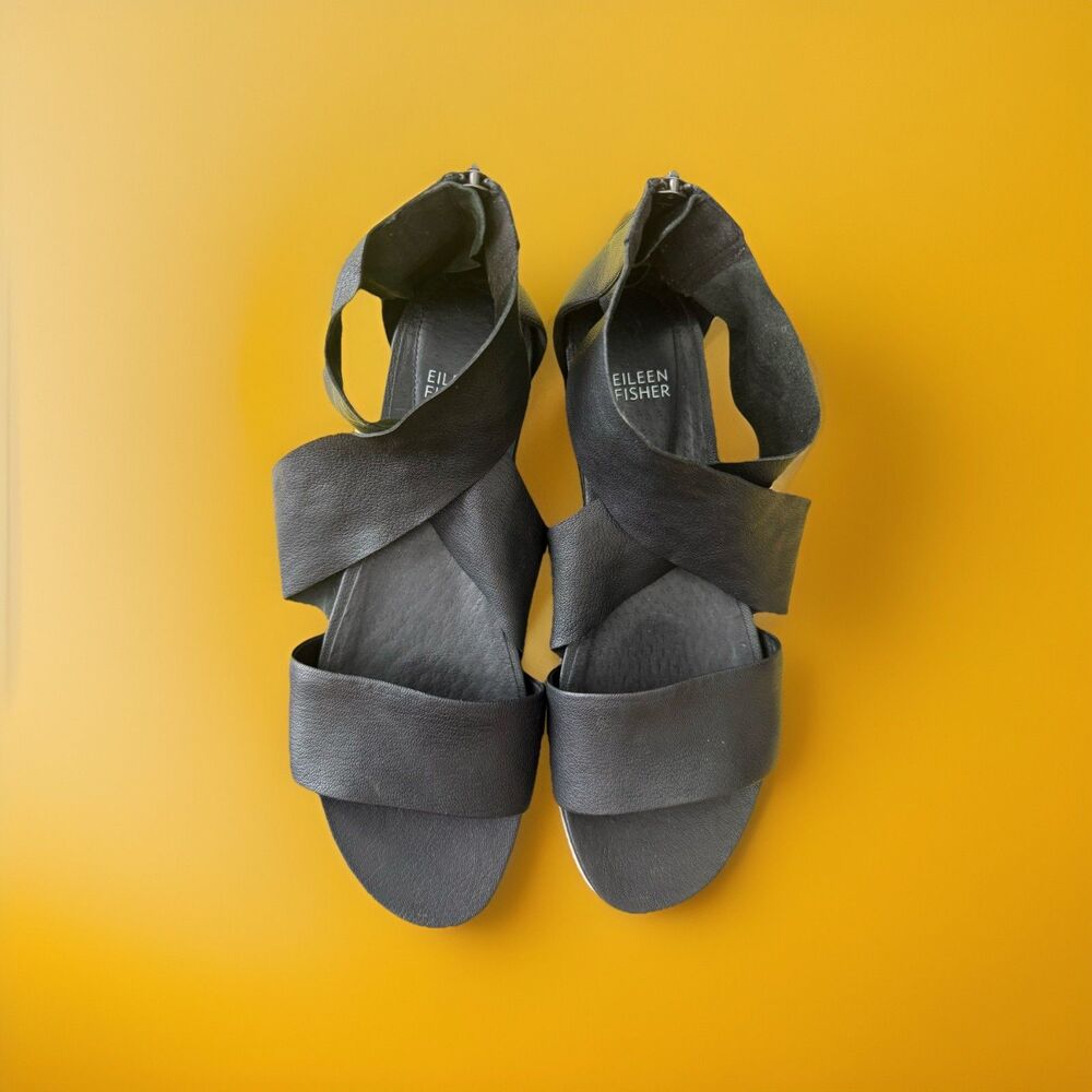 Eileen Fisher Women's Size 10 Black Leather Gladiator Sneaker Sandal with Zip - Picture 4 of 8